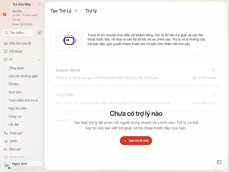 Trang thiết lập trợ lý LoLaCHAT AI