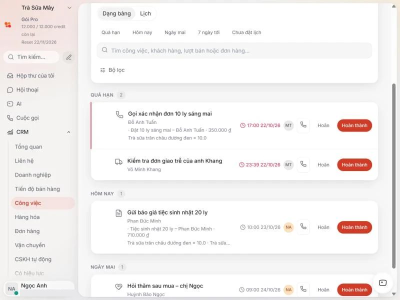 Danh sách công việc trong CRM