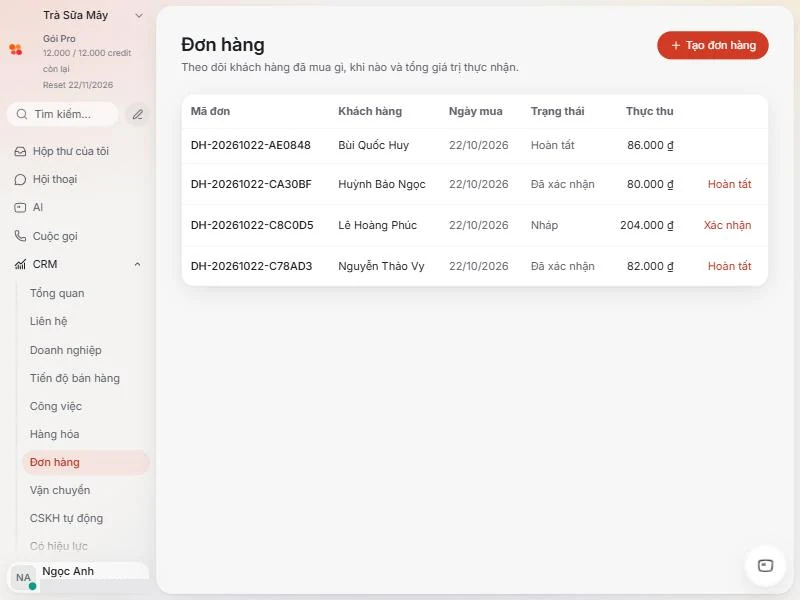 Danh sách đơn hàng trong CRM