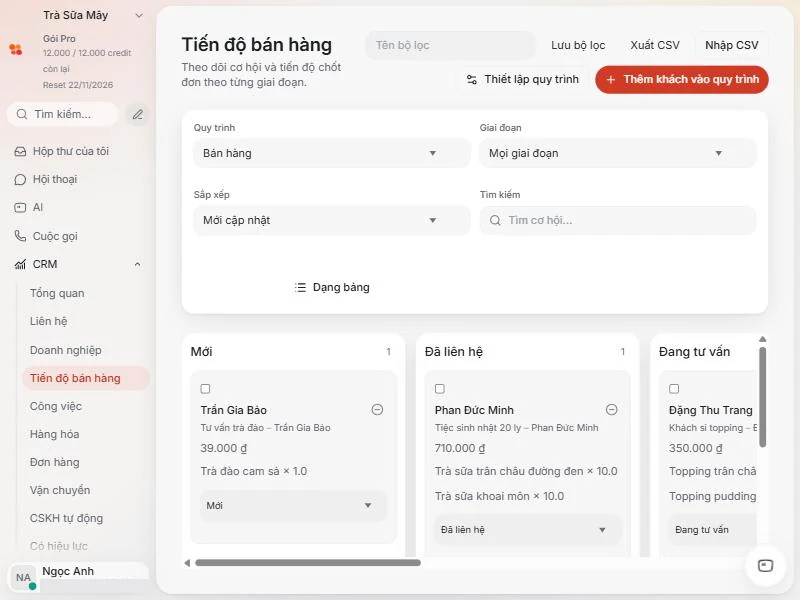 Bảng kéo thả tiến độ bán hàng