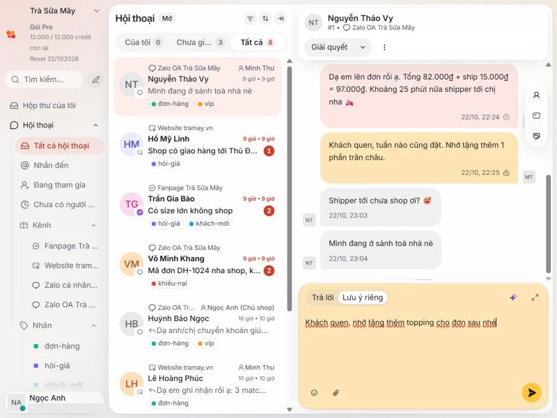 Tab Lưu ý riêng trong khung soạn tin